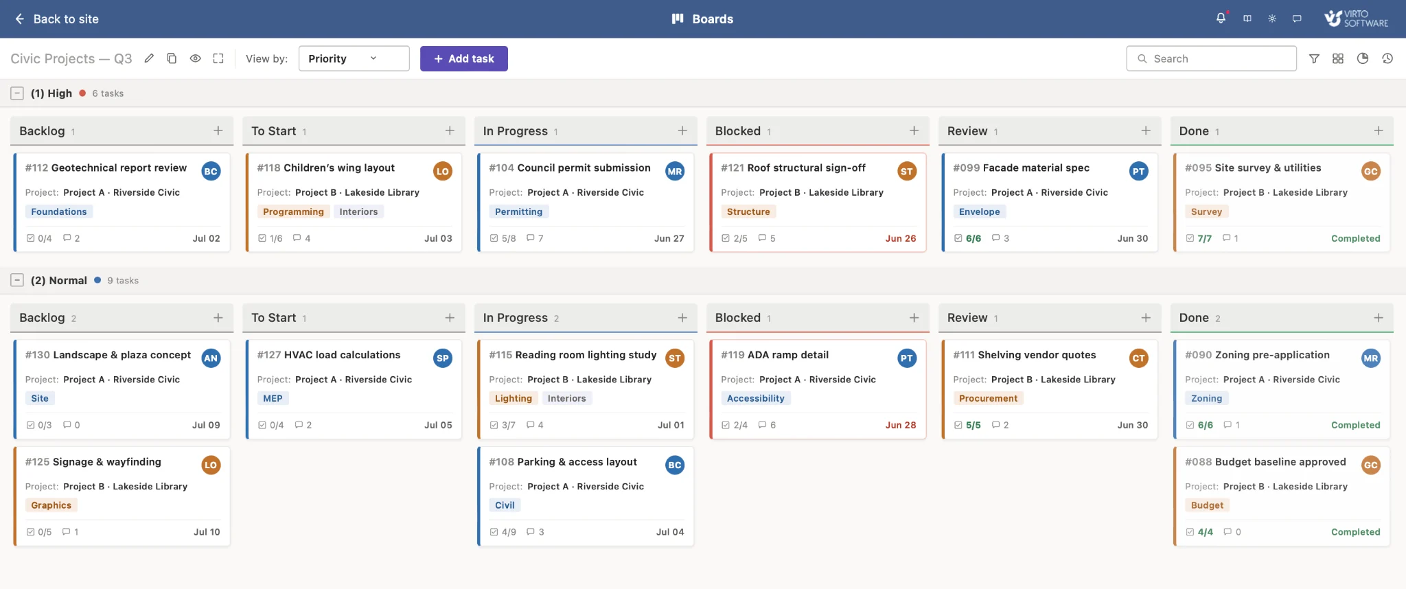 Virto Kanban board with color-coded project tasks