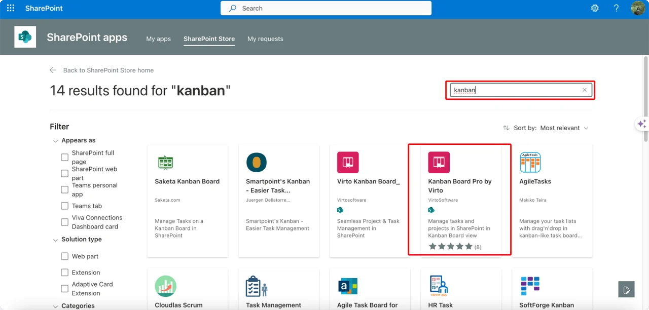 Locating Virto Kanban Board in search results