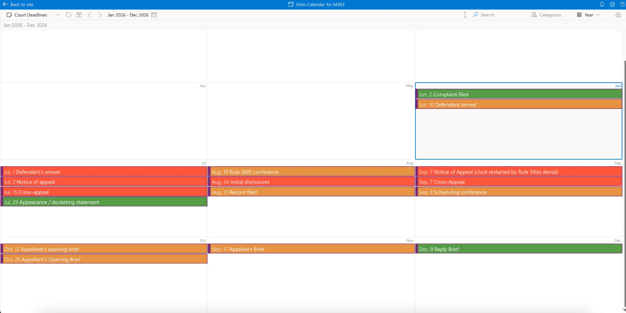 Multiple case calendars overlaid in Virto Calendar App