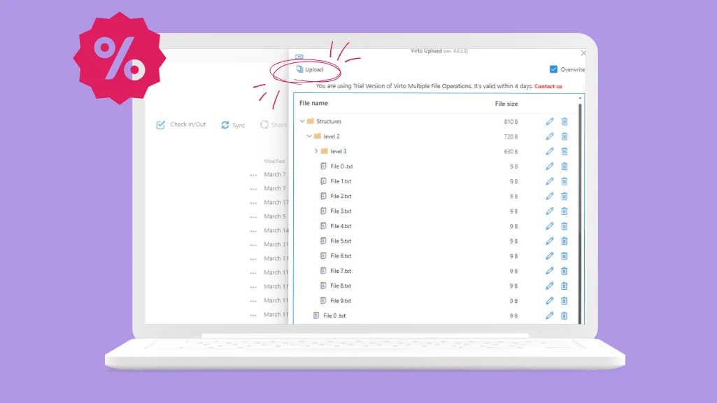 Virto Multiple File Operations bulk upload interface in SharePoint