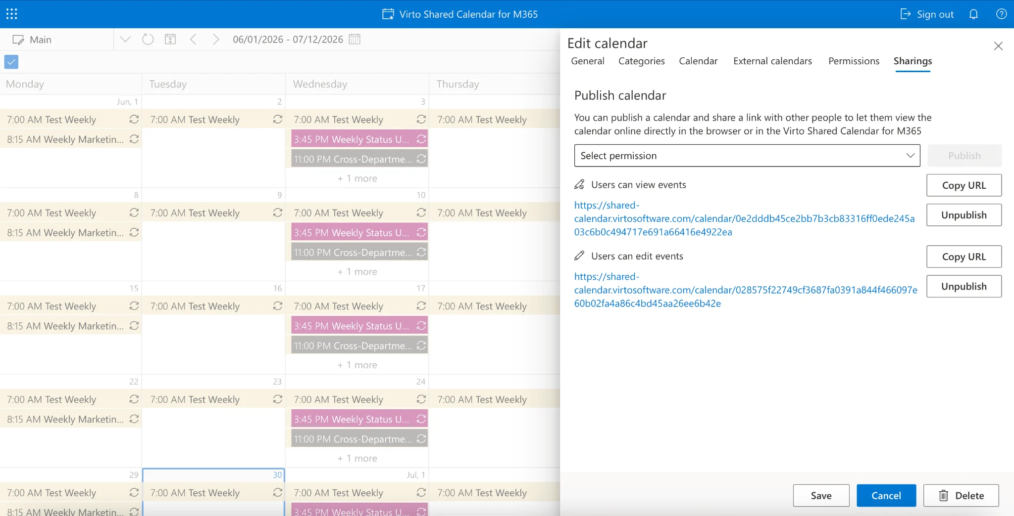 Virto Shared Calendar external guest link sharing