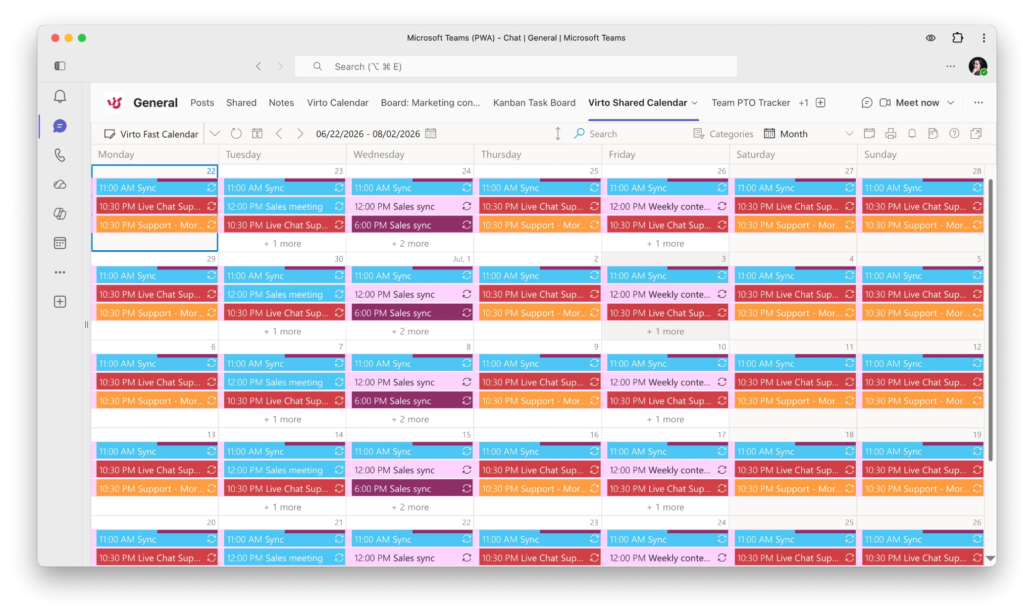 Virto Shared Calendar running as a tab in Microsoft Teams