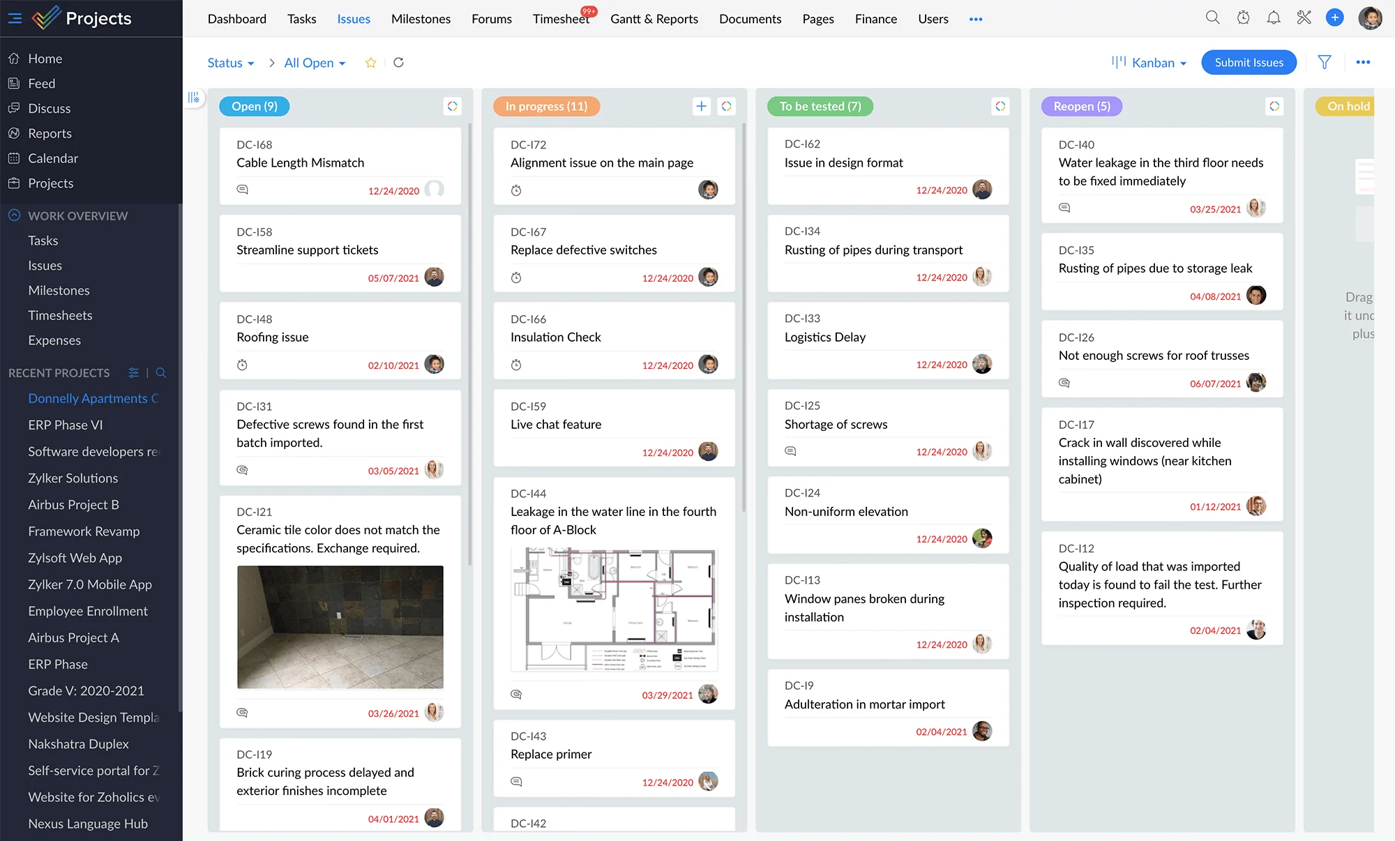 Zoho Projects kanban board
