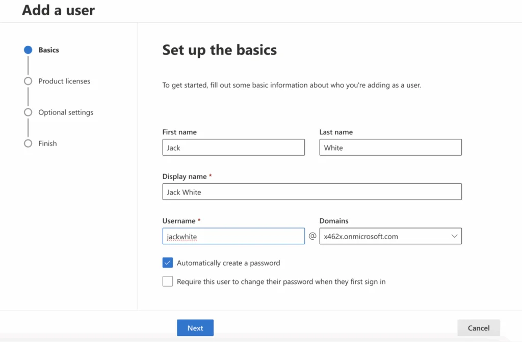Adding a user in the Microsoft 365 admin center
