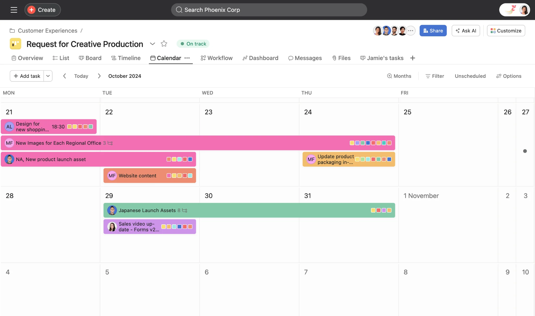 Asana Calendar project management view