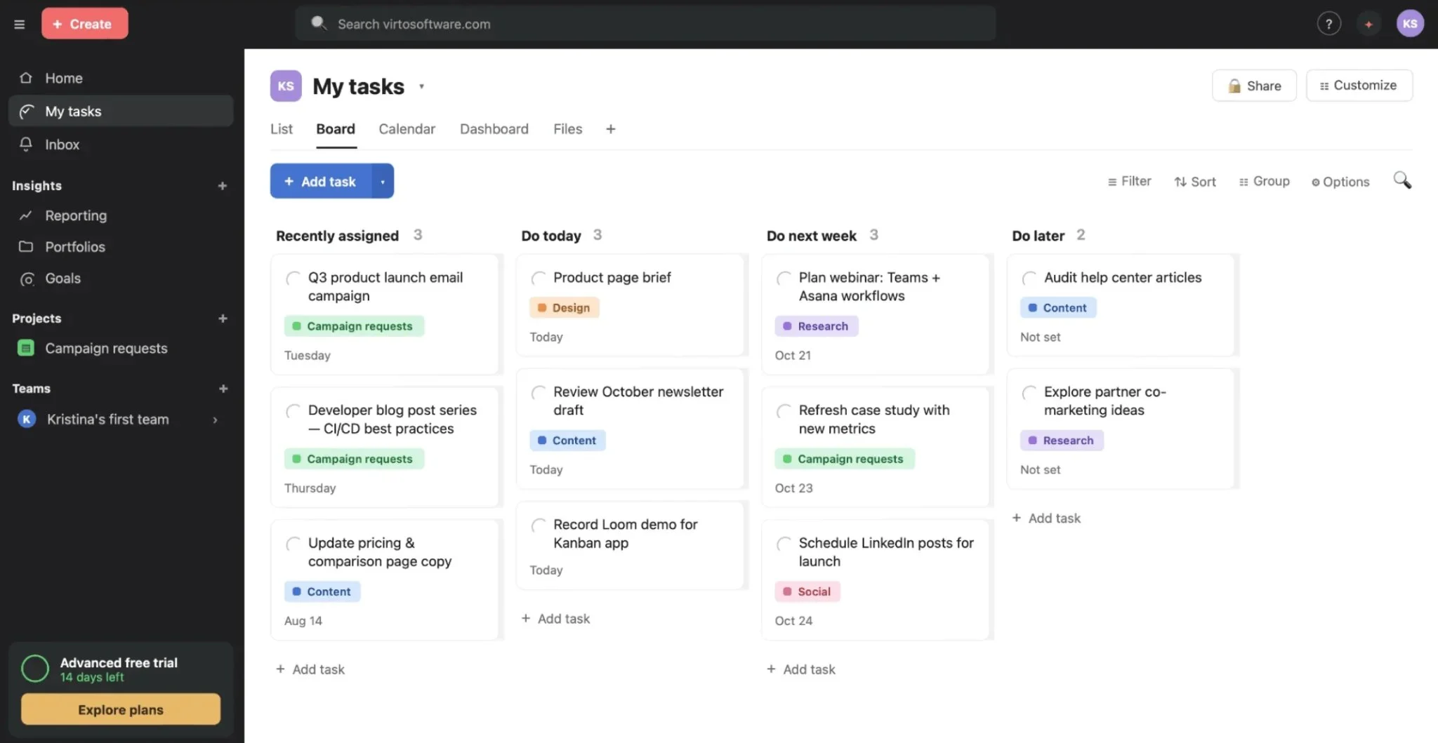 Asana sample board view