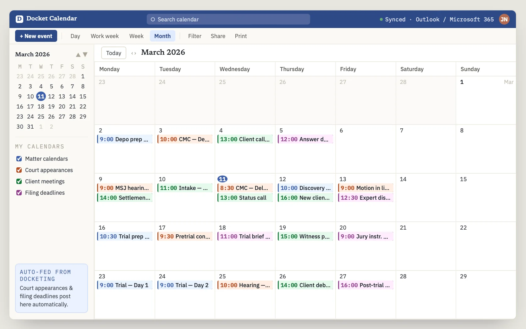 Attorney matter calendar overlaid in Outlook-like interface