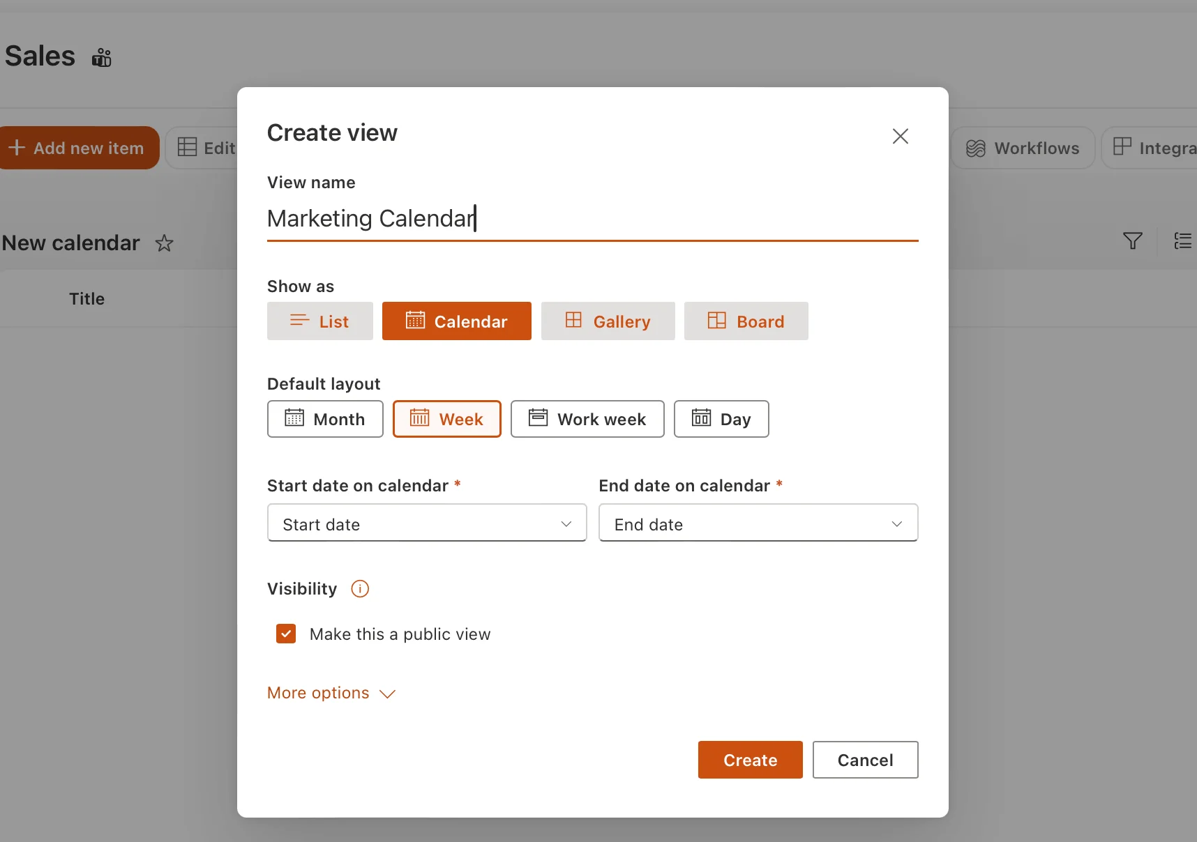 Create new view dialog calendar type selected