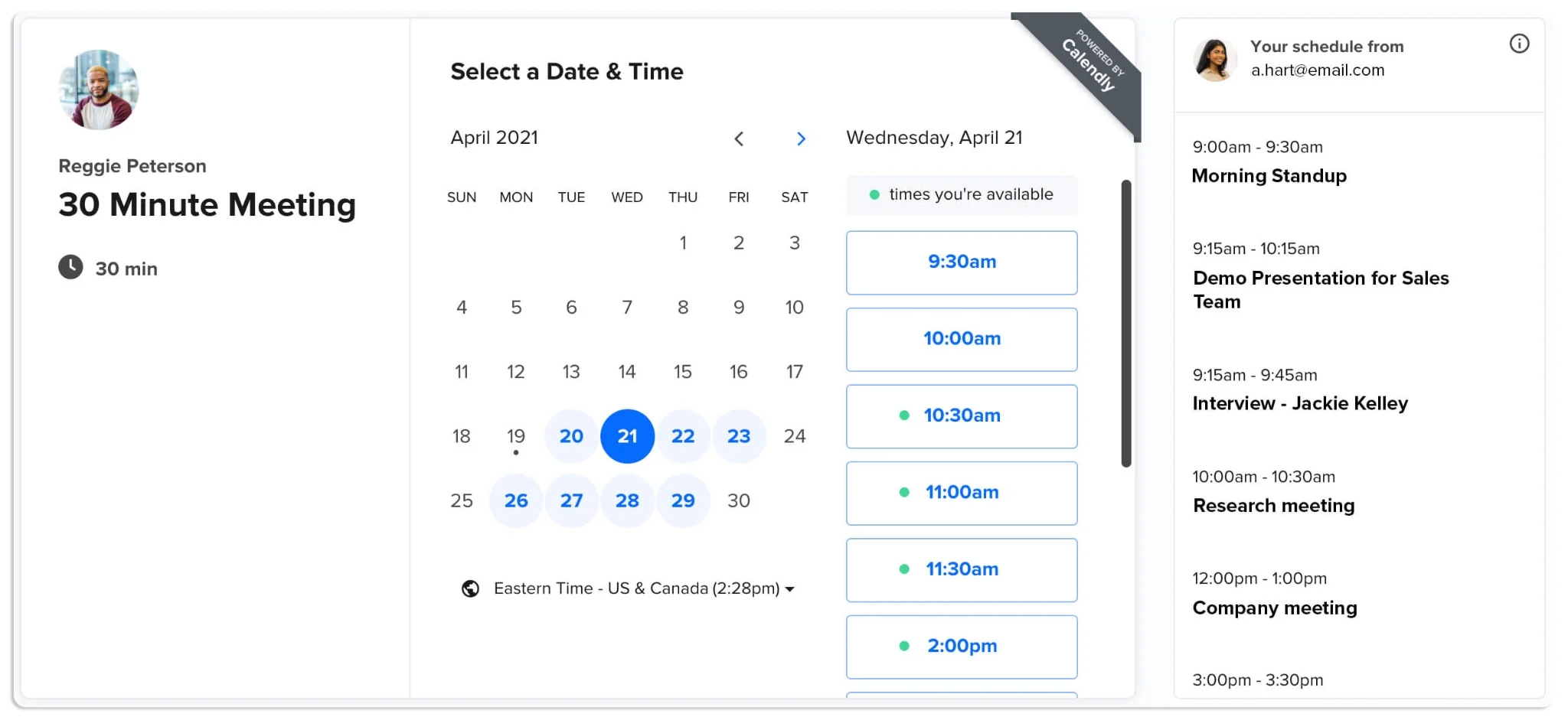 Calendly showing available booking slots