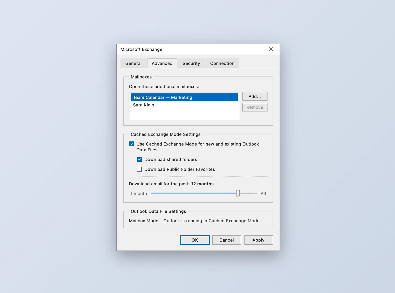 Cached Exchange Mode and Download shared folders settings in classic Outlook