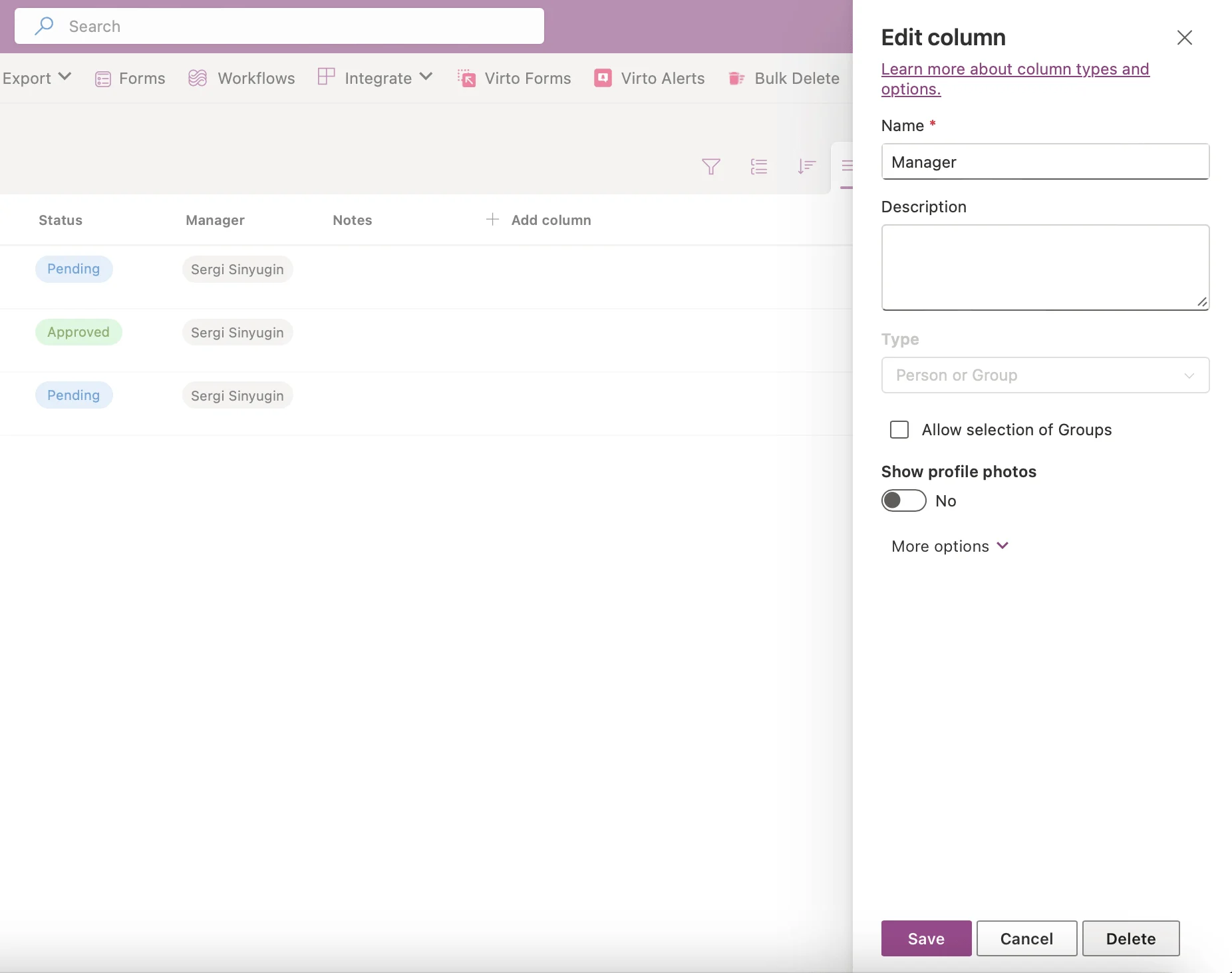 Deleting a column via Column settings and Edit panel