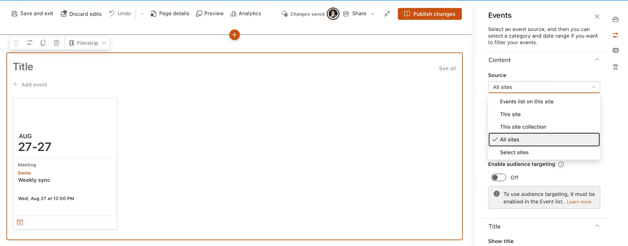 Events web part source dropdown selecting a list