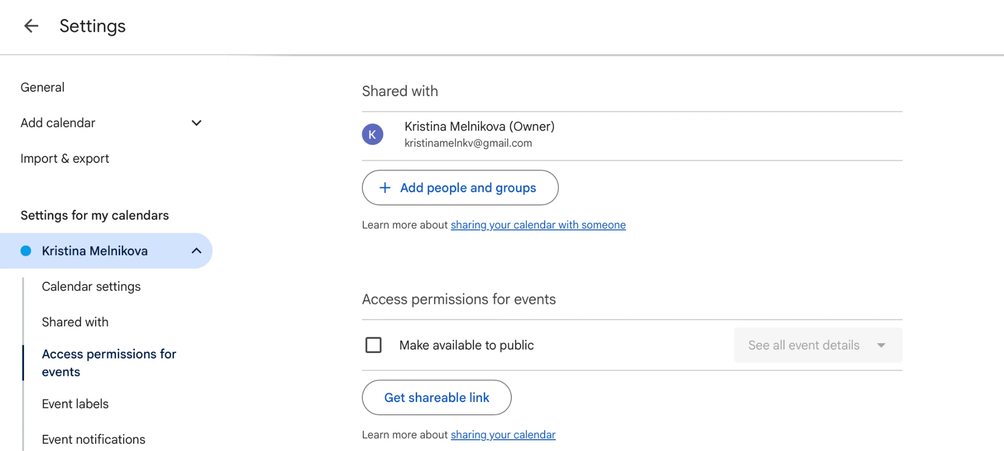 Checking access permissions and sharing settings in Google Calendar