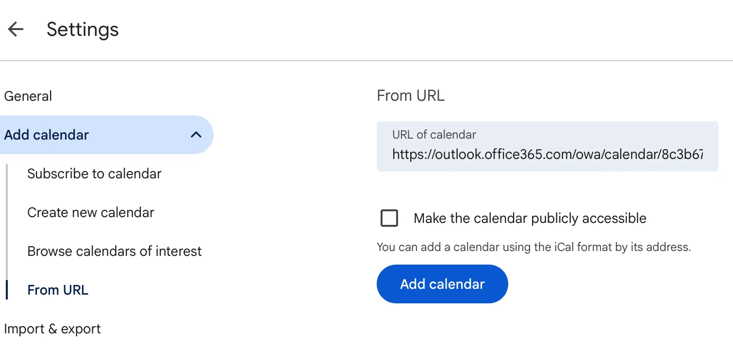Adding the published Outlook calendar to Google Calendar via From URL