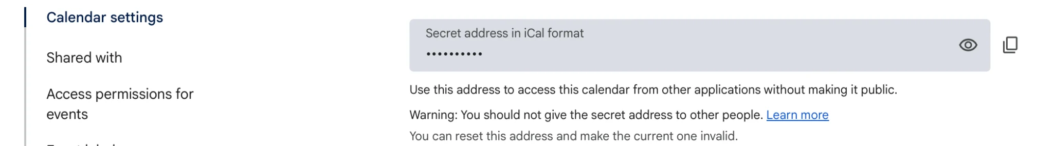Copying the secret iCal address from Google Calendar settings