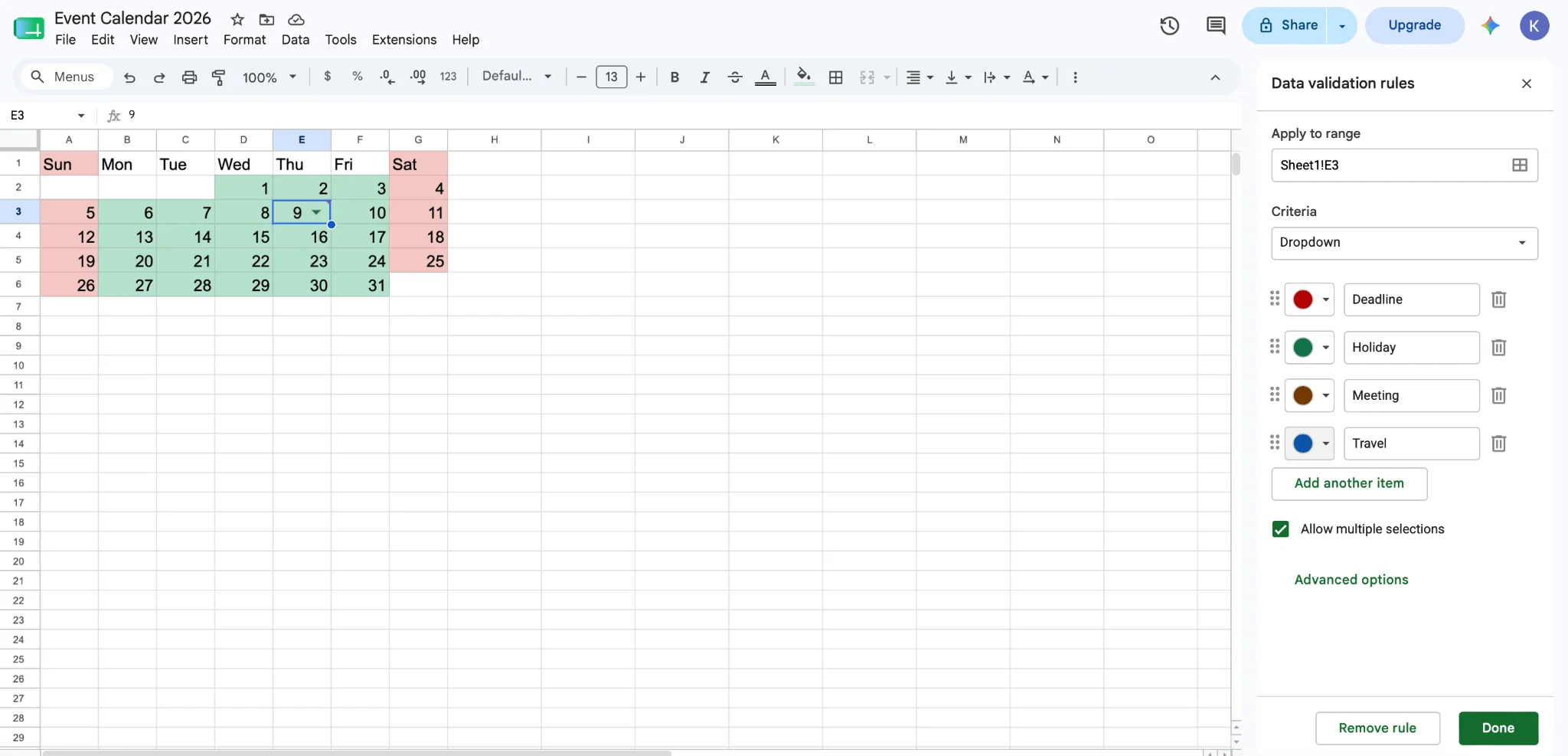 Setting up data validation parameters in Google Sheets calendar