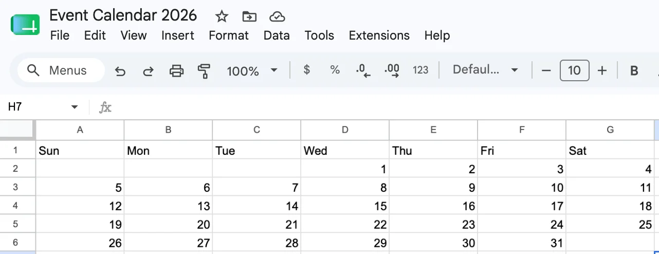Google Sheets calendar grid with days and dates