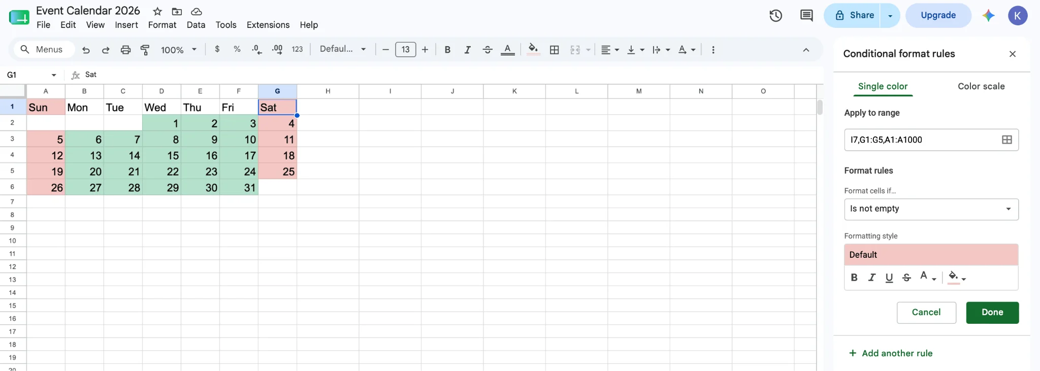 Color-coding weekends in Google Sheets calendar