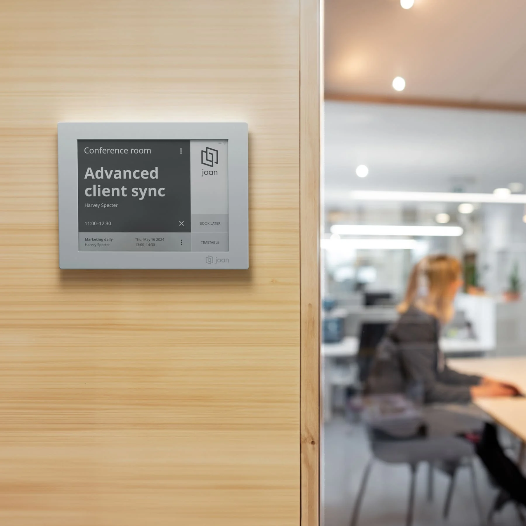 Joan e-paper room display showing live availability