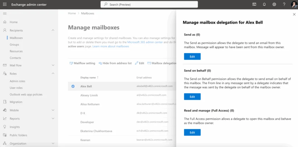 Managing mailbox delegation in the Exchange admin center