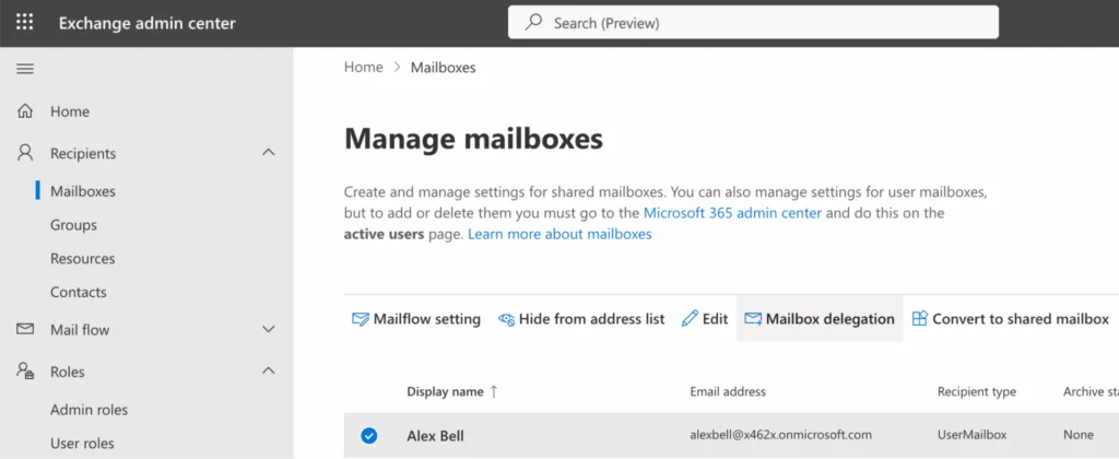 Managing mailboxes in the Exchange admin center