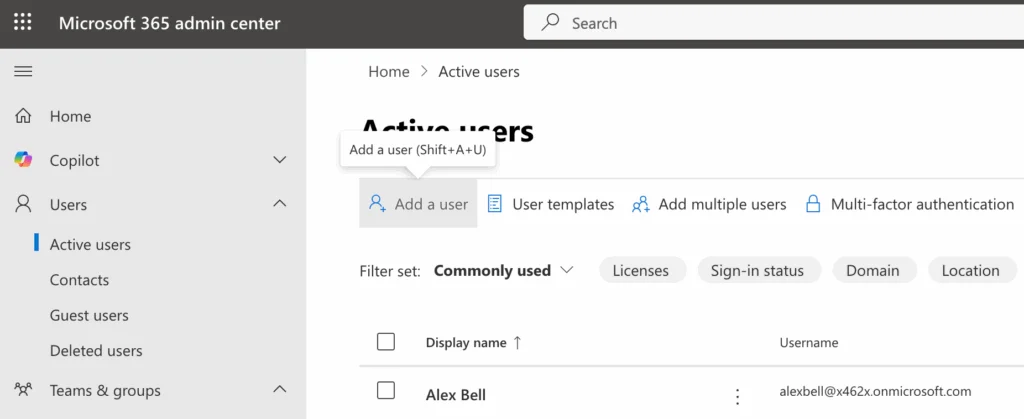Microsoft 365 admin center — Active users
