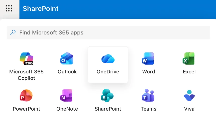Microsoft 365 app launcher showing OneDrive