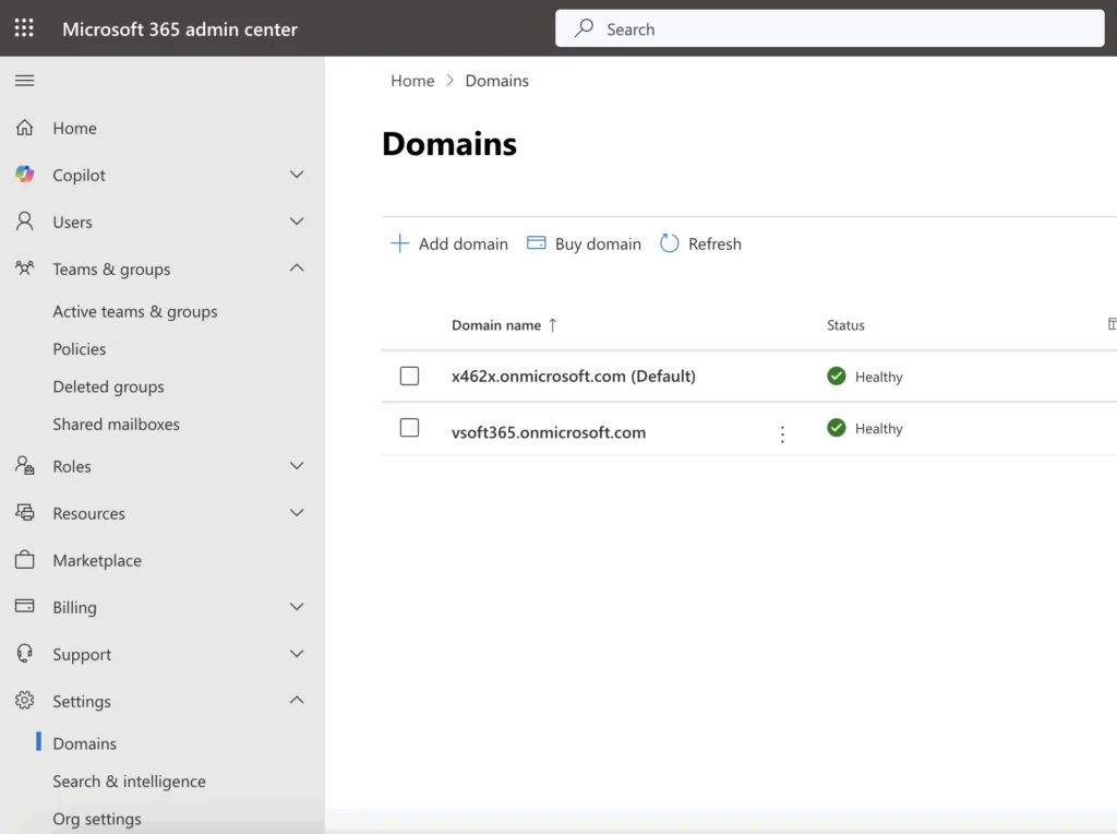 Microsoft 365 admin center — Domain settings