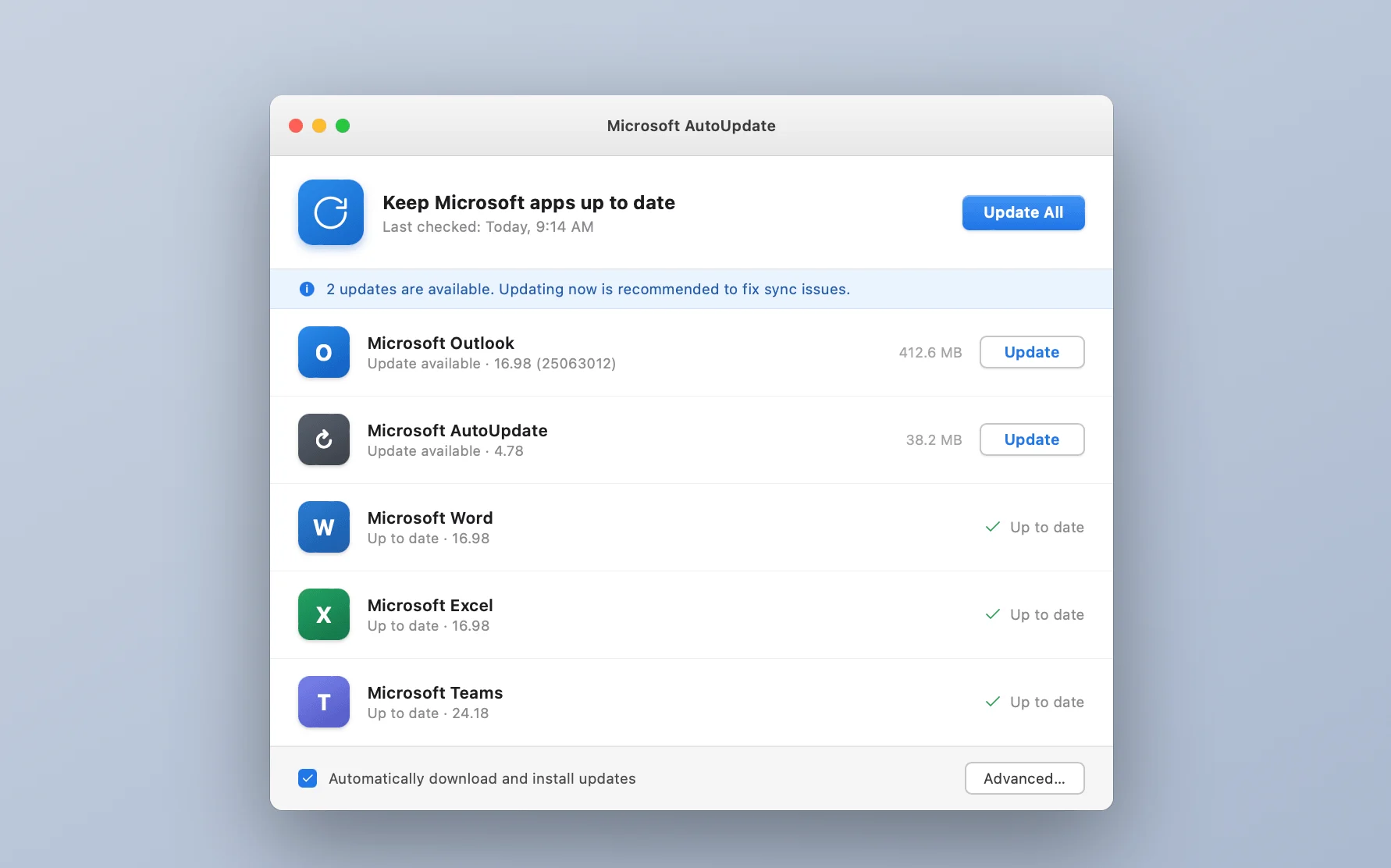 Update Now in Microsoft AutoUpdate on Mac