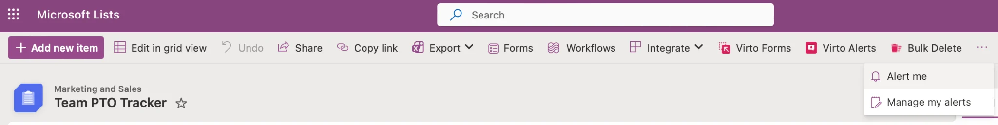 Microsoft Lists command bar showing Workflows and Alert me options
