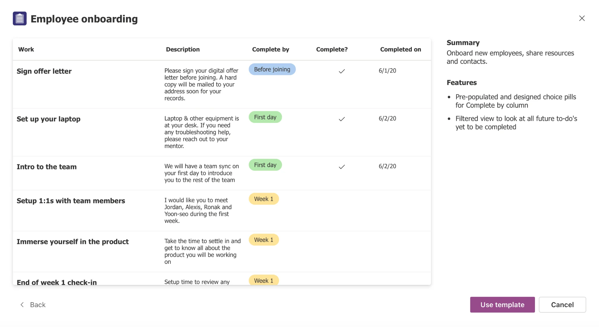 The template gallery in Microsoft Lists with a selected preview