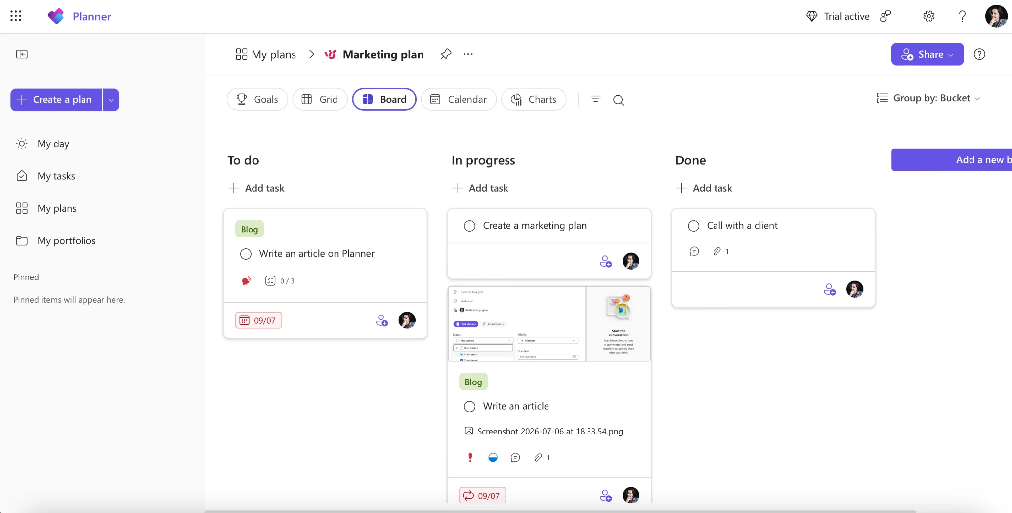 Microsoft Planner board organised into project phases