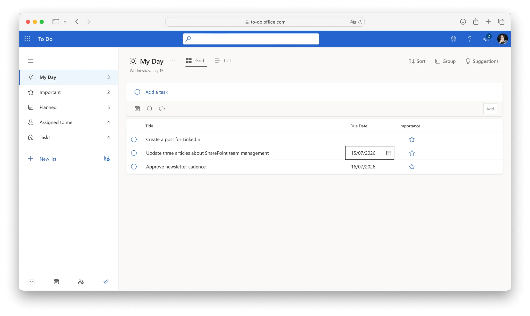 Assigned Planner tasks in a To Do list