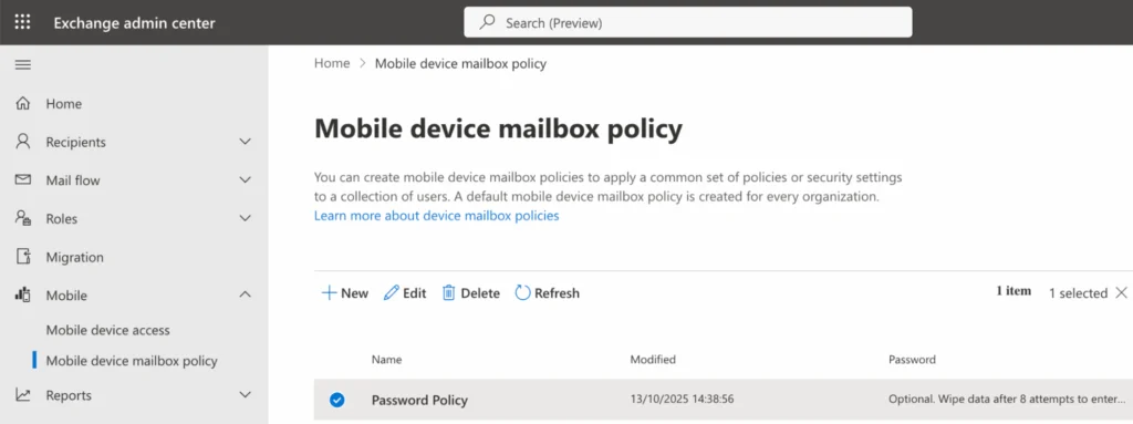 Mobile device mailbox policy in the Exchange admin center
