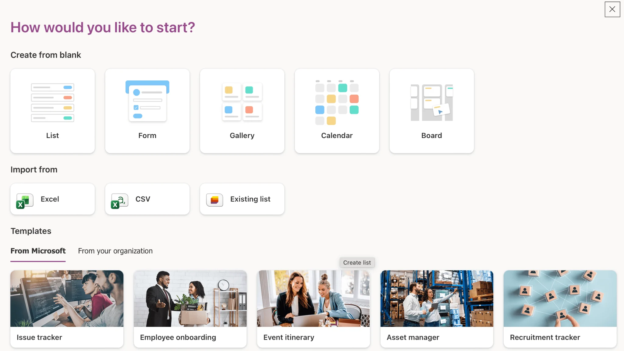 The “+ New list” dialog showing creation options