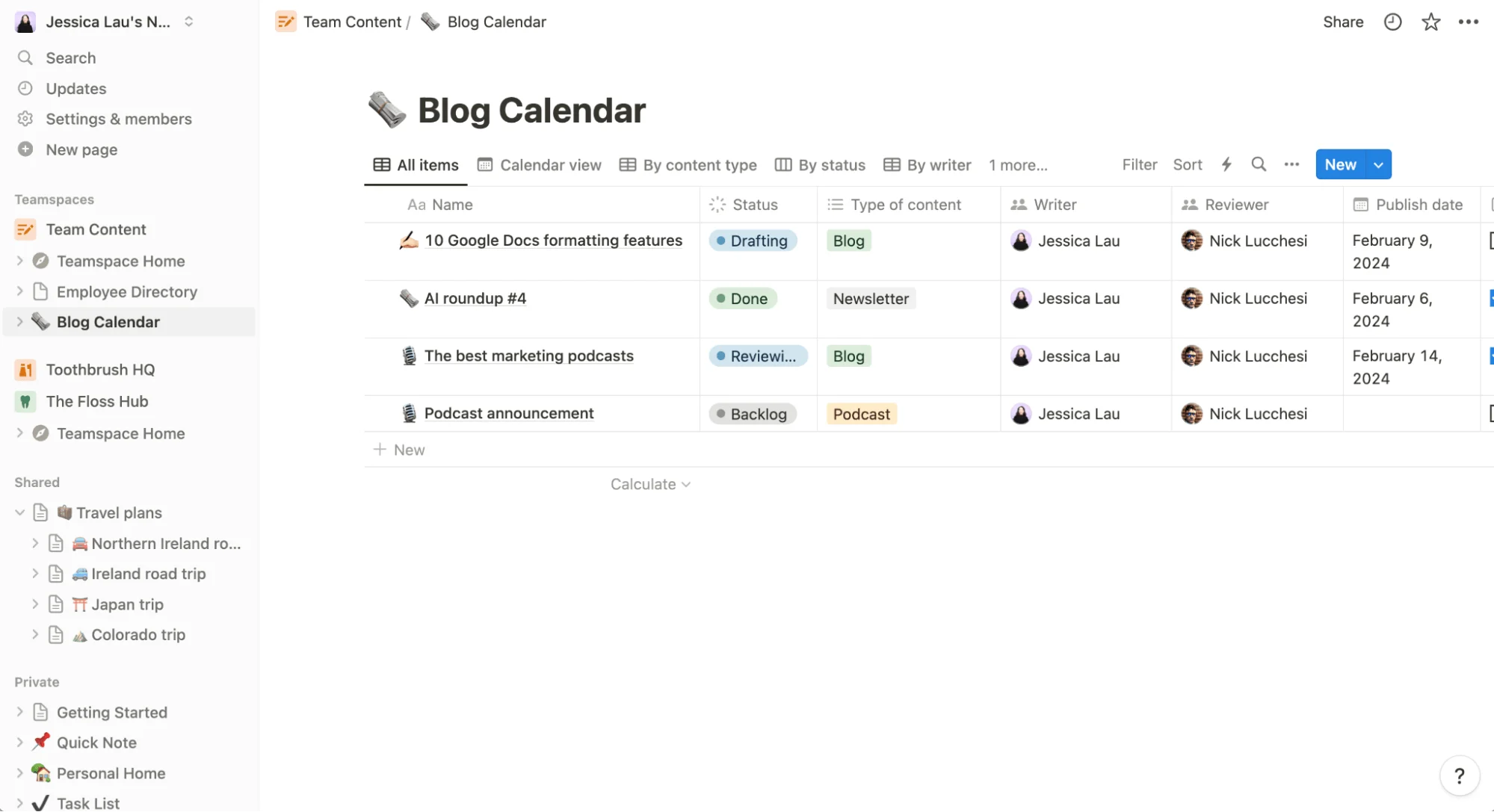 Notion workspace interface overview