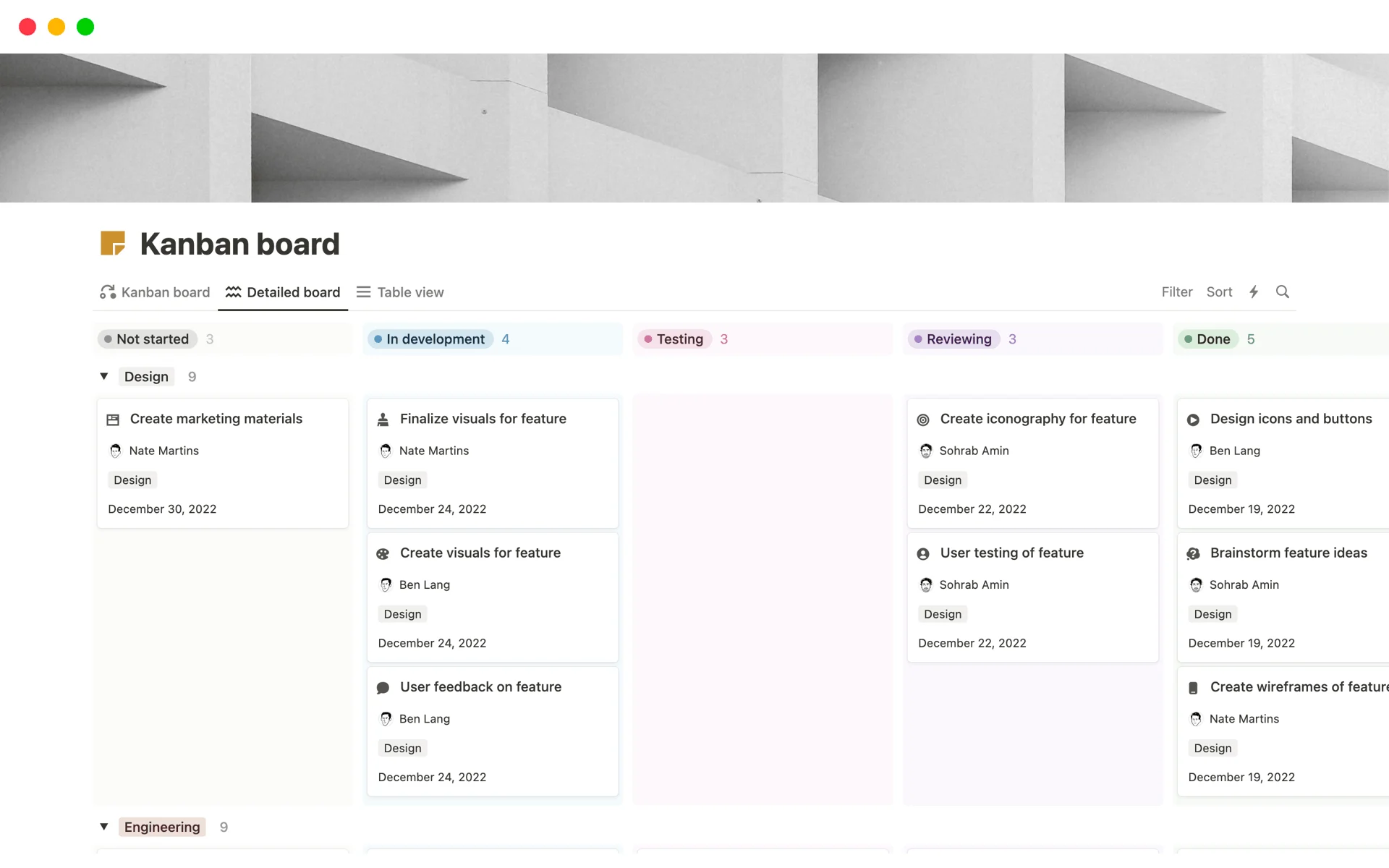 Notion workspace kanban docs