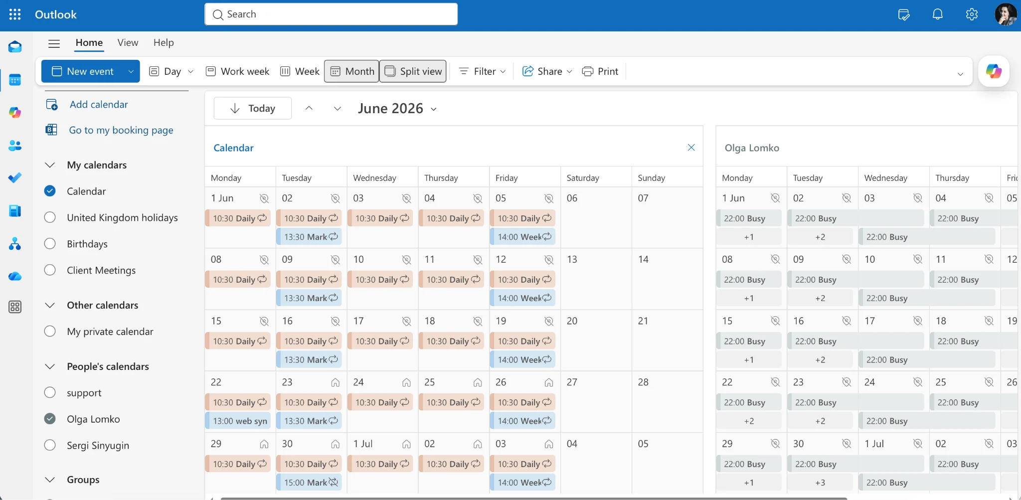 Office 365 calendar split view modes