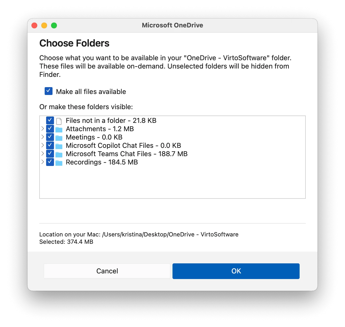 OneDrive Account tab folder sync settings on Mac