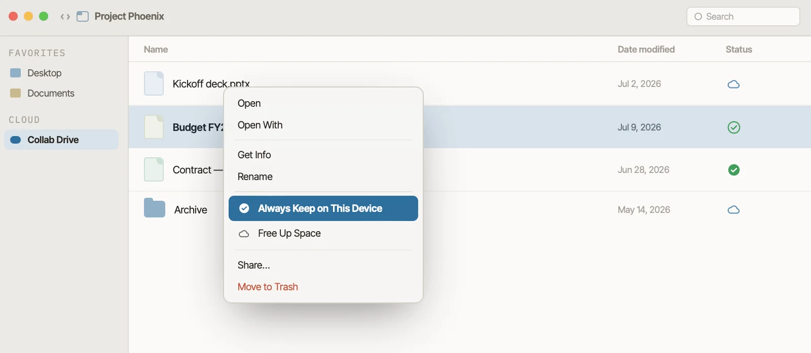 Always keep on this device option in Mac Finder
