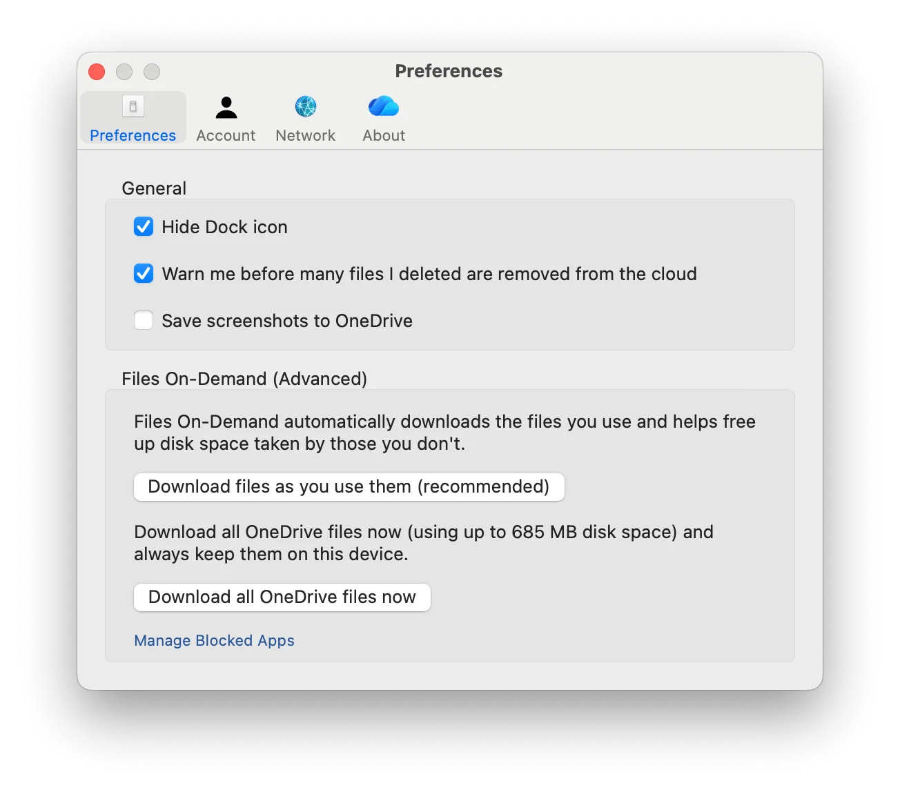 Files On-Demand settings in OneDrive Preferences on Mac