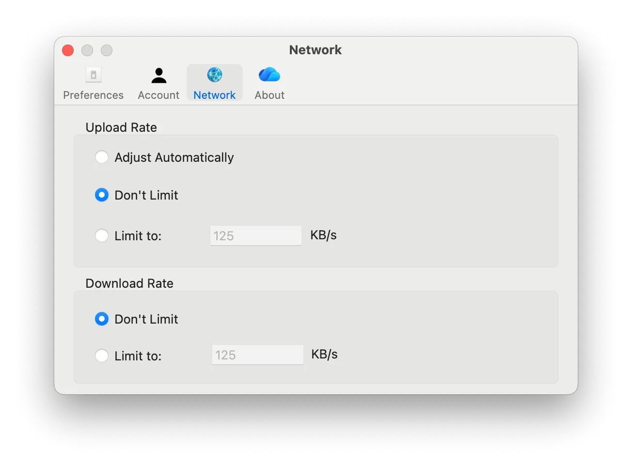 OneDrive Network tab settings on Mac