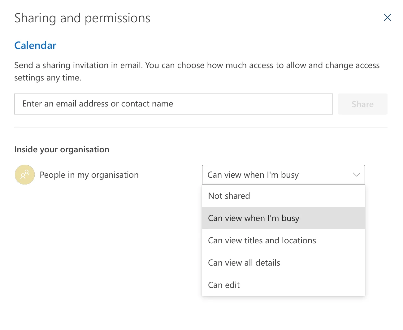 Setting calendar Default permission to busy only
