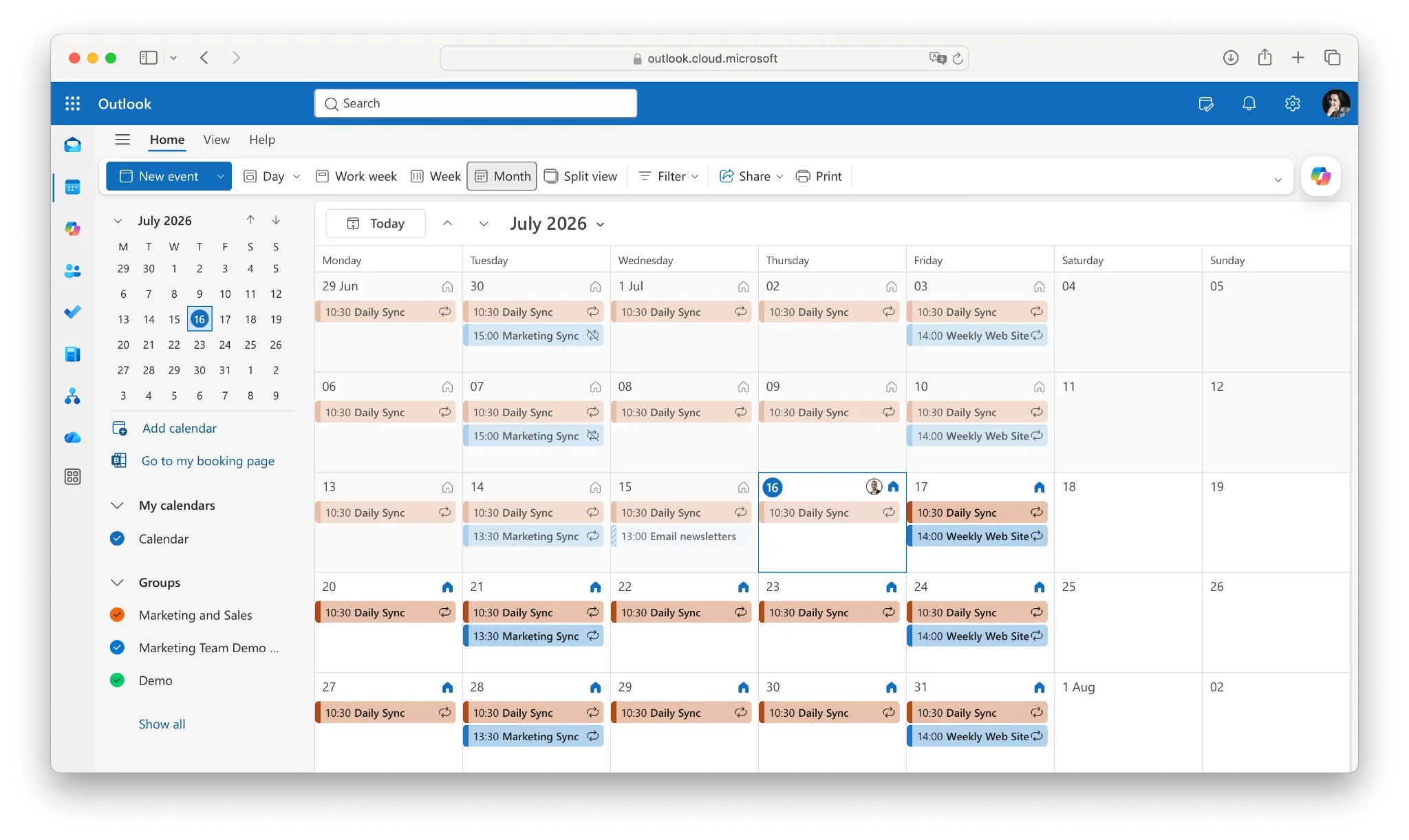Outlook Calendar interface view