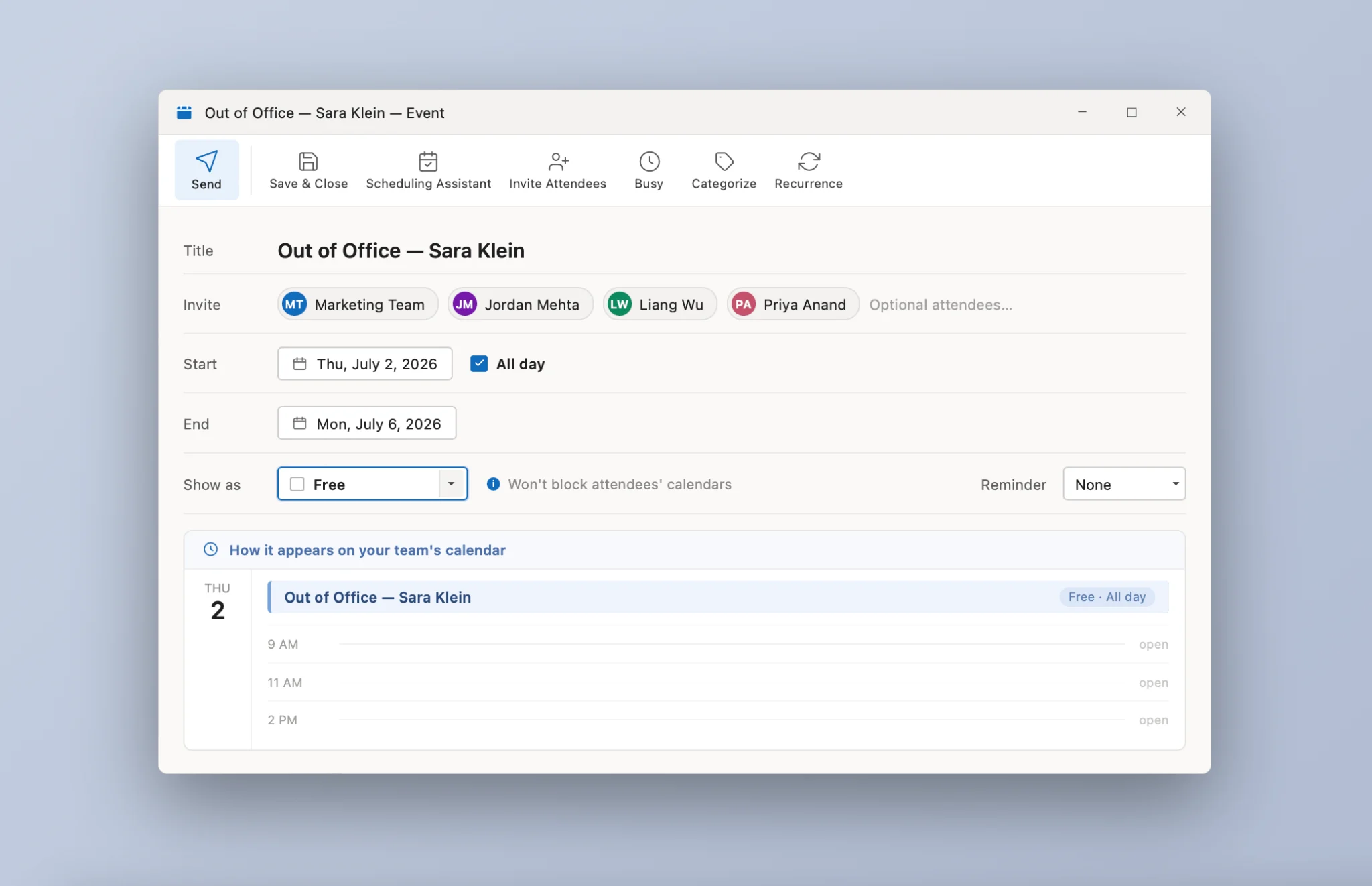 All-day event set to Free used as OOO notification invite