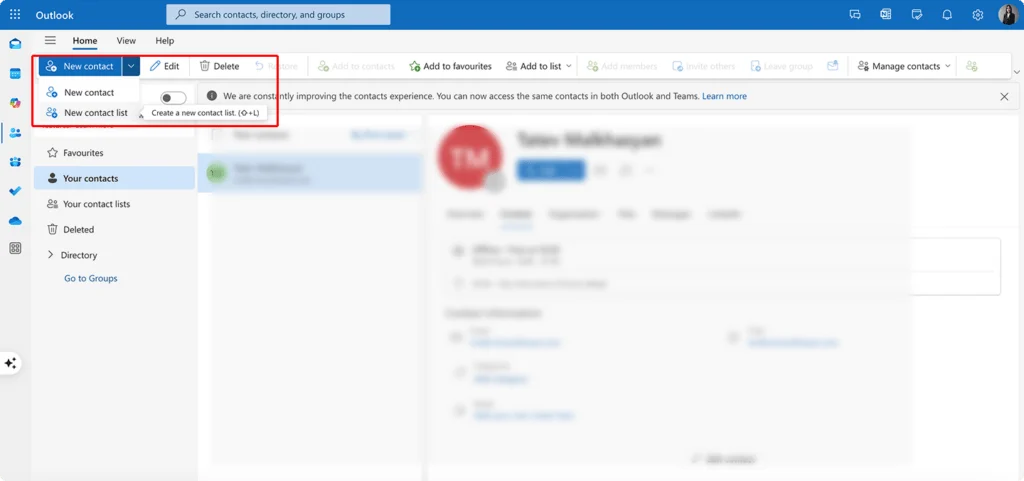Adding members to a contact list on Outlook for Mac