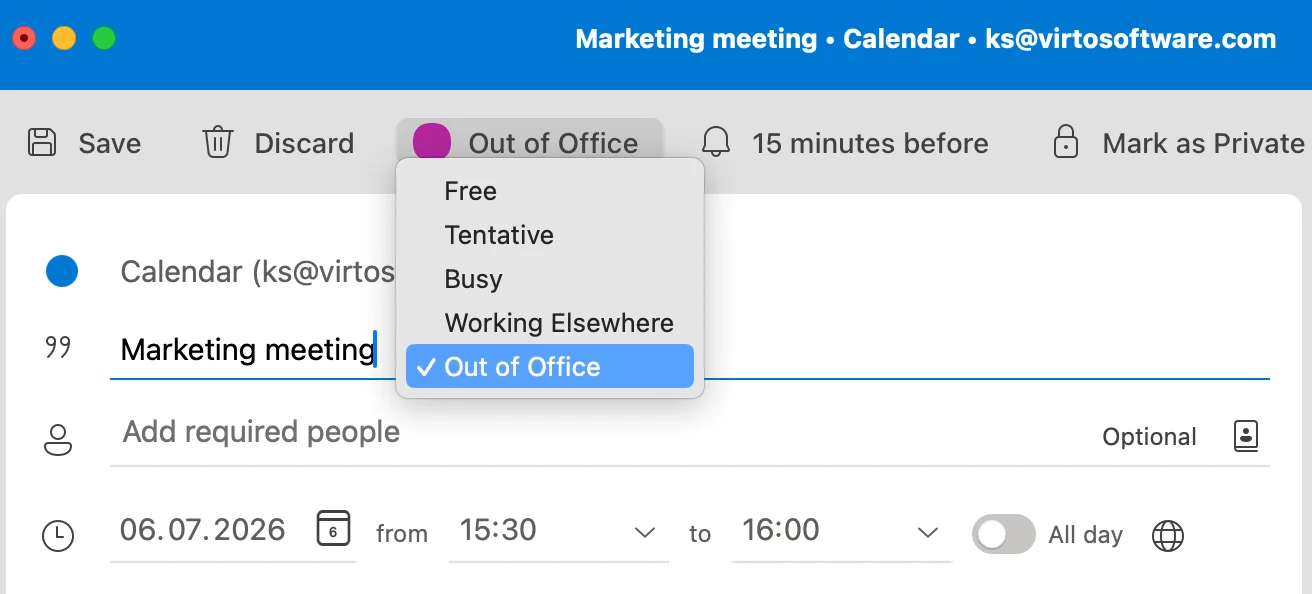 Setting Out of Office status in Outlook for Mac event