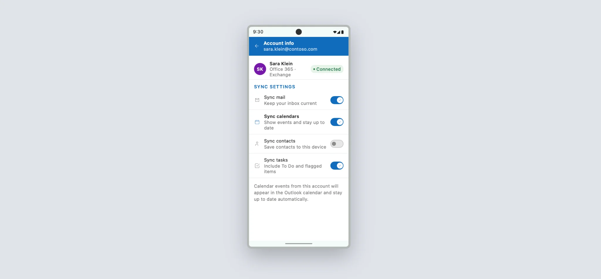 Calendar sync toggle in Outlook mobile account settings Android