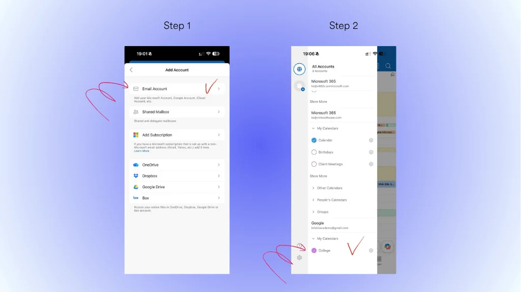 Adding a Google account and enabling calendar sync in Outlook mobile