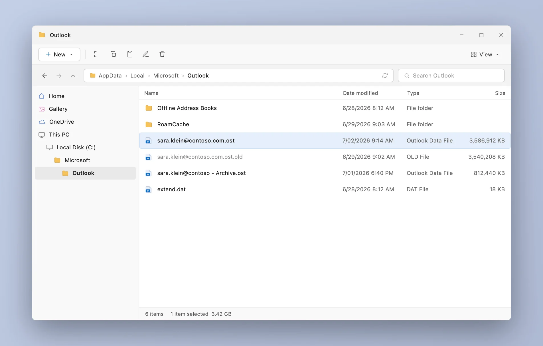 Locating the .ost file in %localappdata%\Microsoft\Outlook on Windows